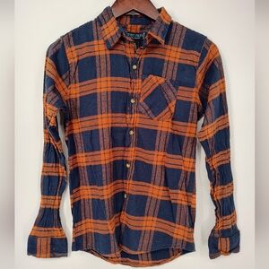 Street Rules Boys Navy and Orange Plaid Flannel Button Down Shirt Size 18